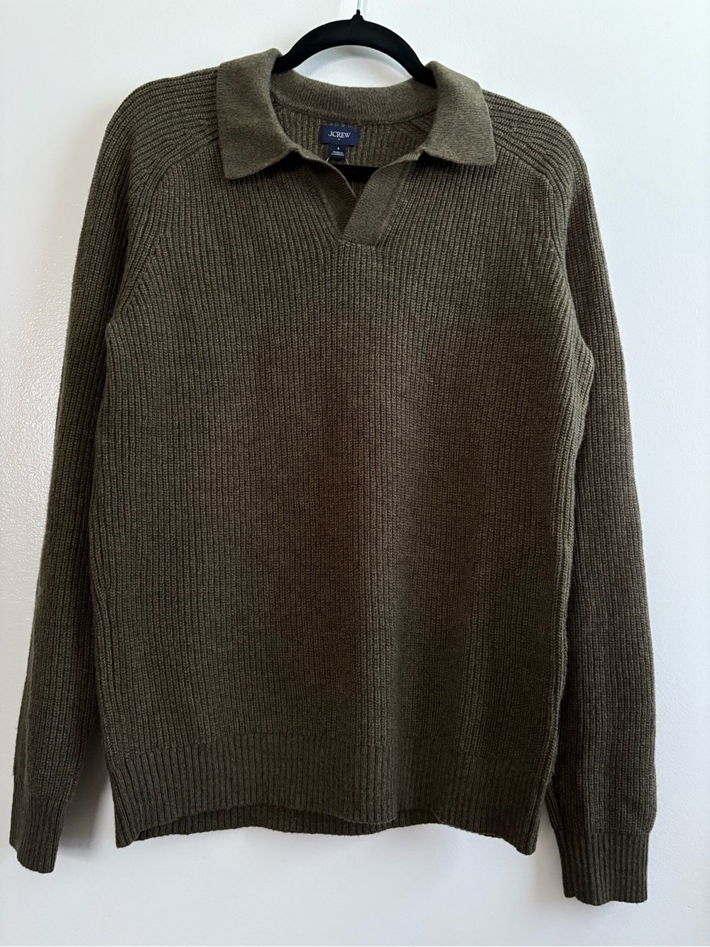 J.Crew Men’s Lambswool Blend Johnny-Collar Ribbed Polo Sweater Olive Green Small